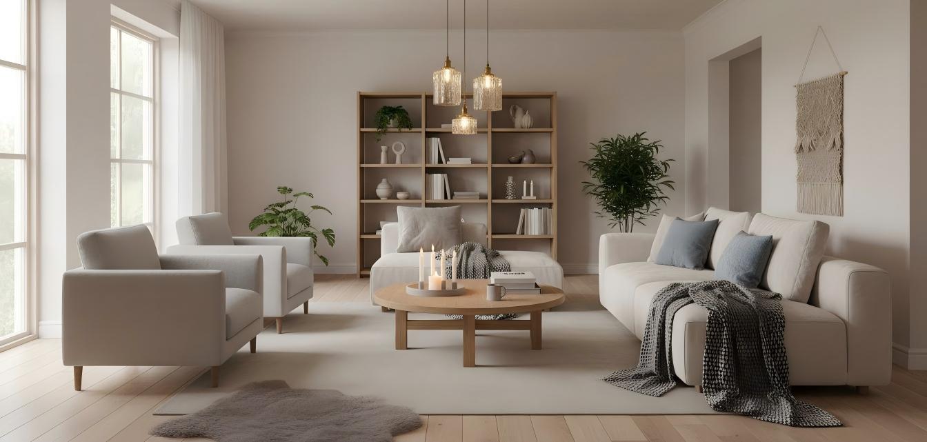 Traditional square glass pendant lights in a warm living room