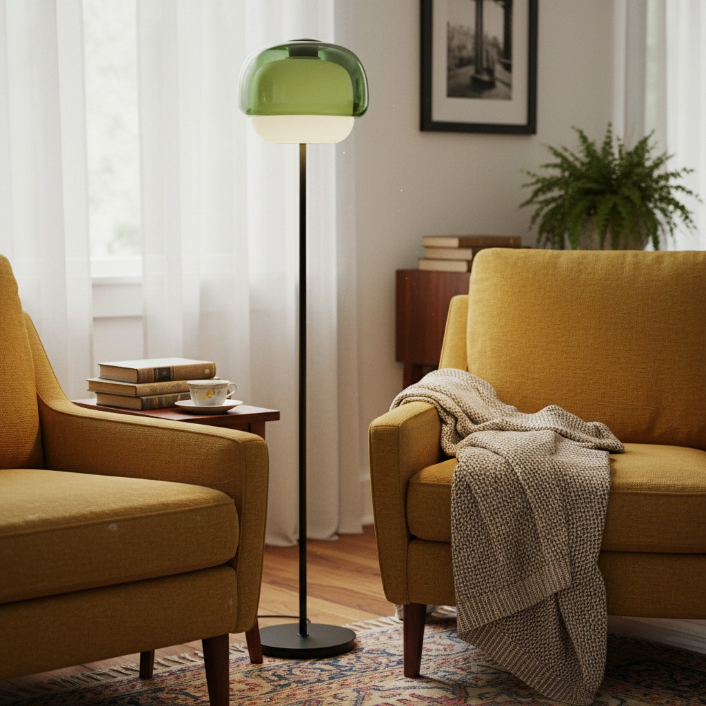 Green Clinco floor lamp beside a cozy chair