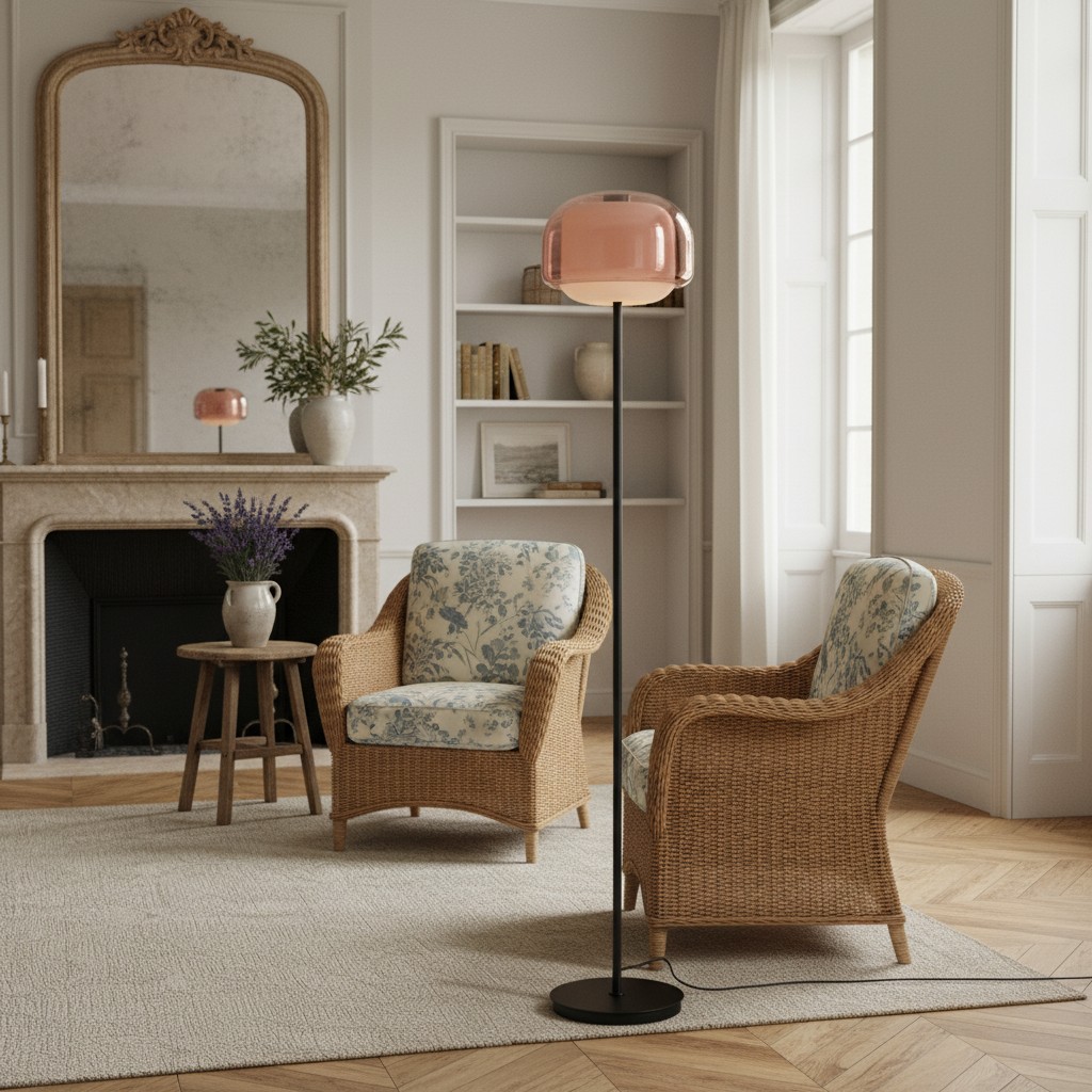 Clinco floor lamp styled beside an armchair and fireplace