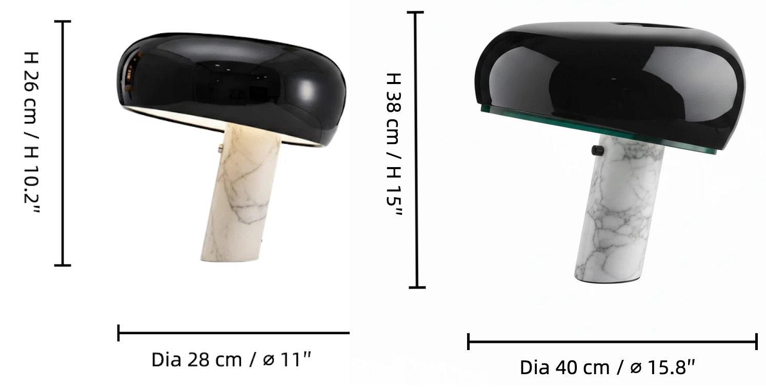 Slantia table lamp size diagram for 28 cm and 40 cm sizes