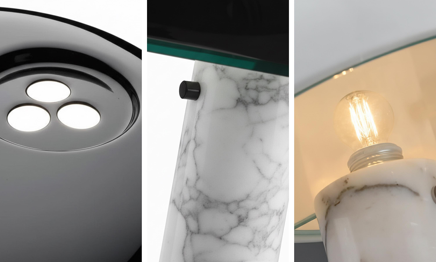 Close-up details of the glass shade, marble base, and bulb fitting