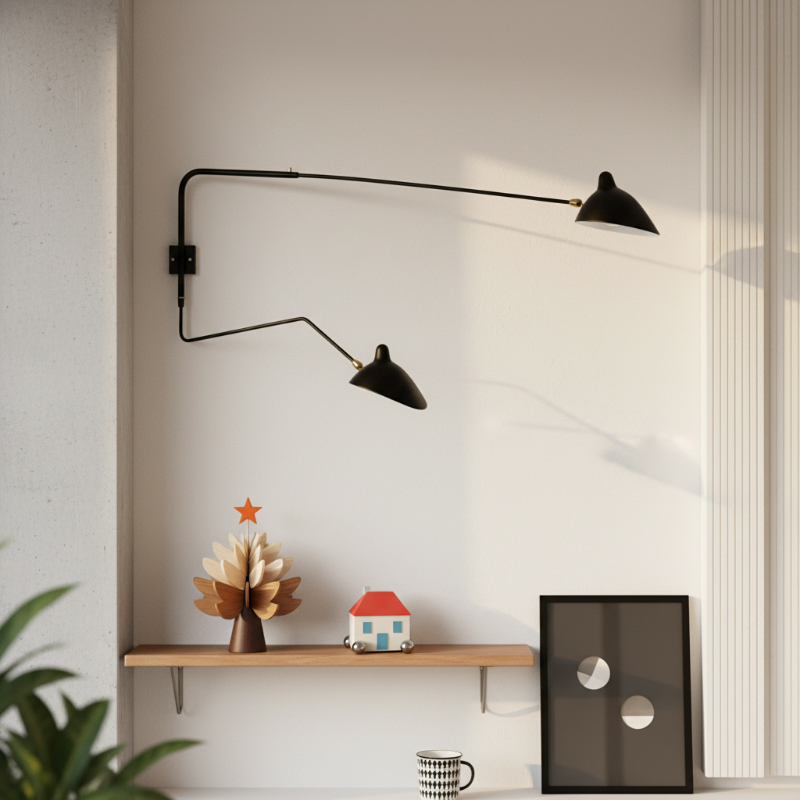 Arclume wall lamp above a shelf