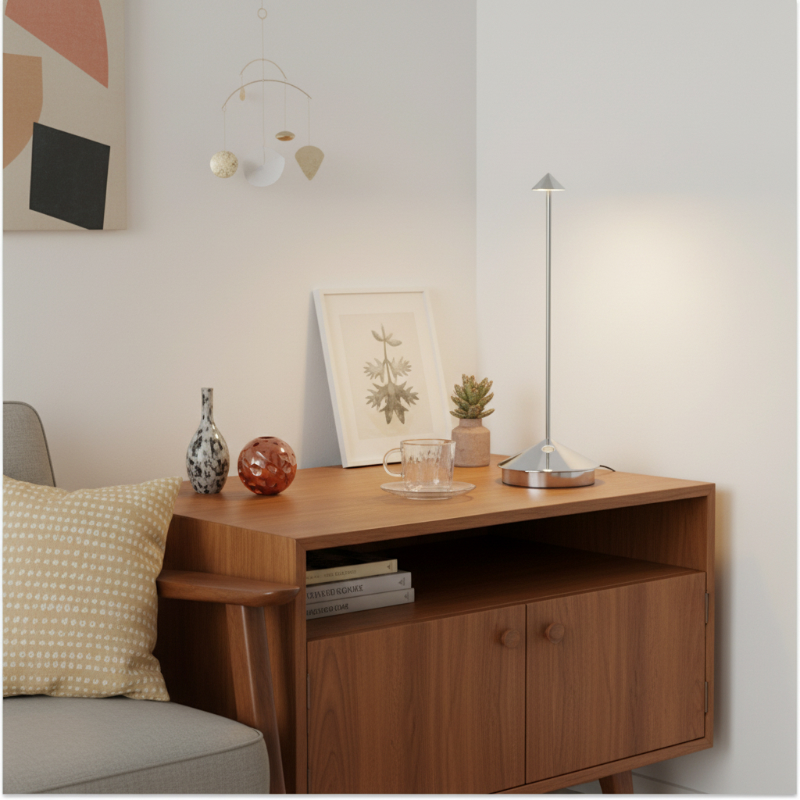 Glimma table lamp beside a sofa and cabinet