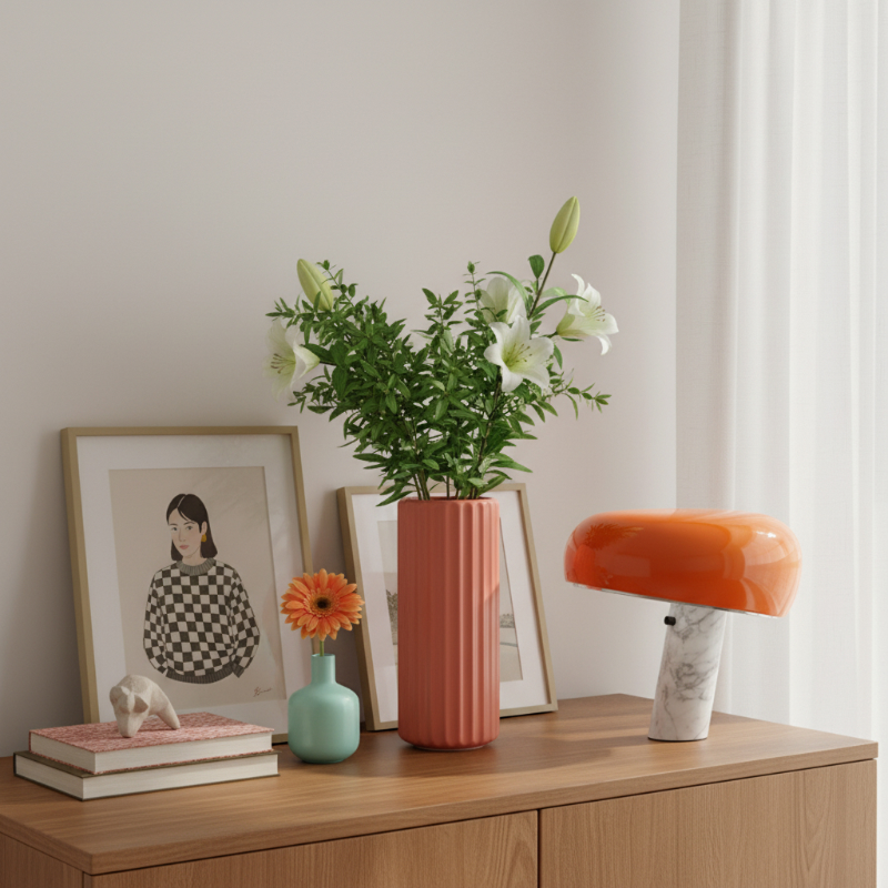 Orange Slantia table lamp styled on a cabinet