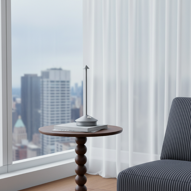 Glimma table lamp on a side table by a window