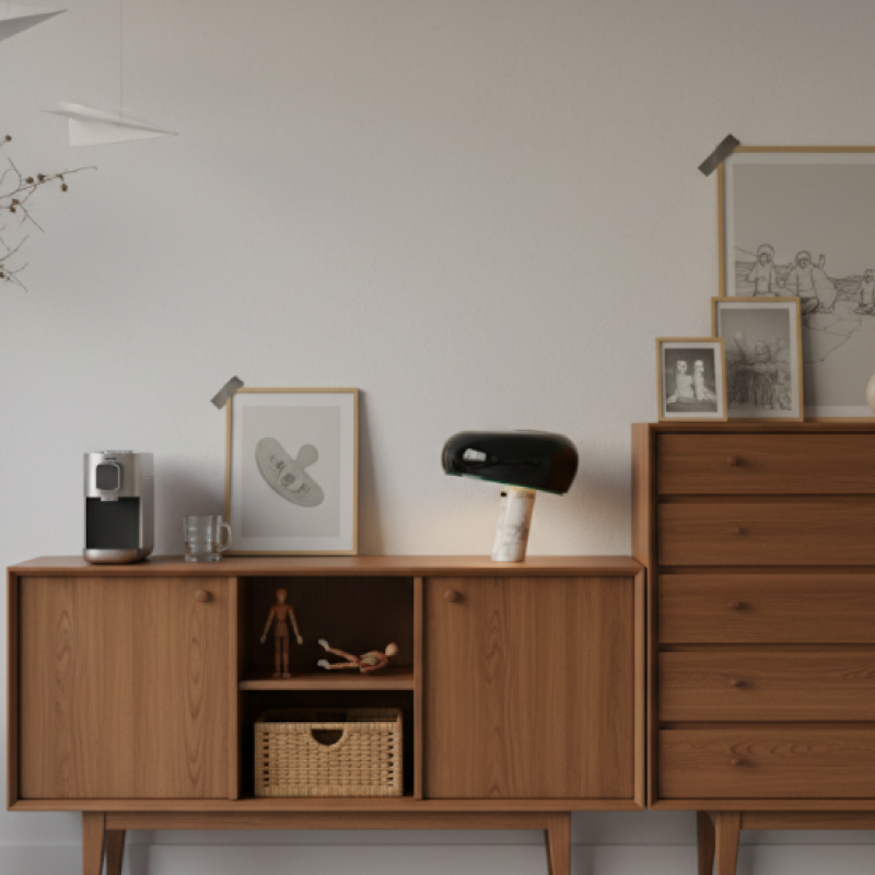 Black Slantia table lamp on a storage cabinet