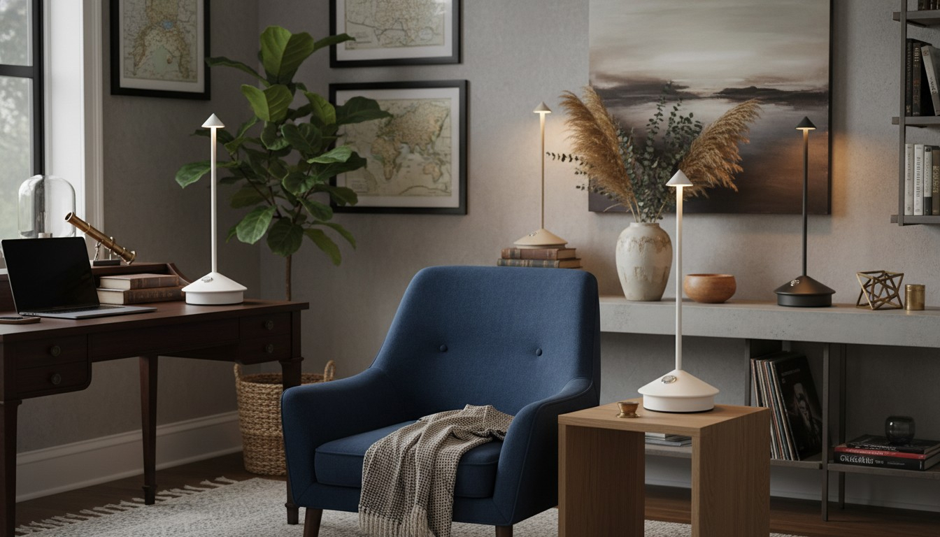 Glimma cordless rechargeable table lamp styled in a living room