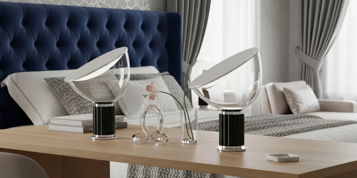 Bowlum modern glass table lamp in a bedroom setting