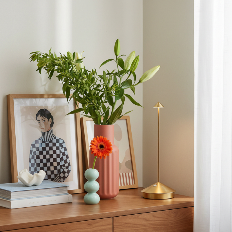 Glimma table lamp on a console with home decor