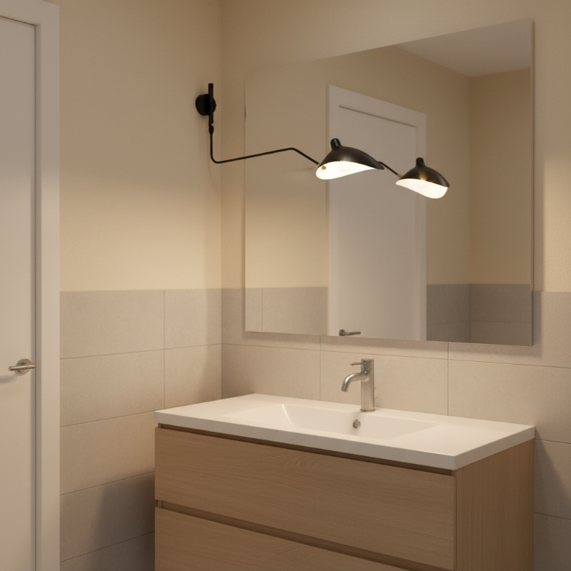 Arclume wall lamp beside a bathroom mirror