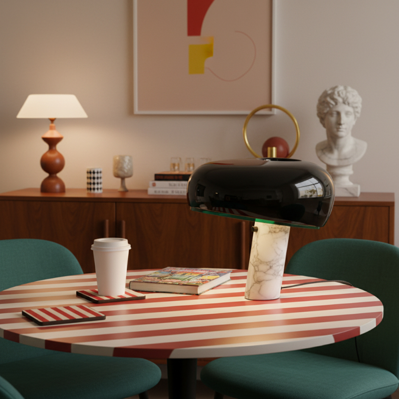 Black Slantia table lamp on a striped dining table