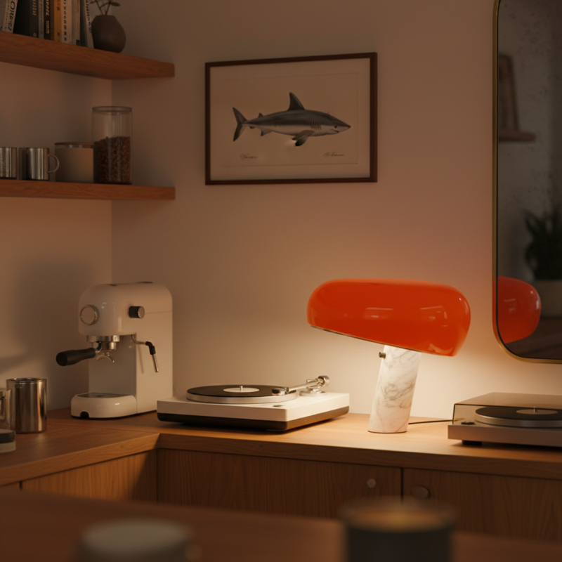 Orange Slantia table lamp on a desk