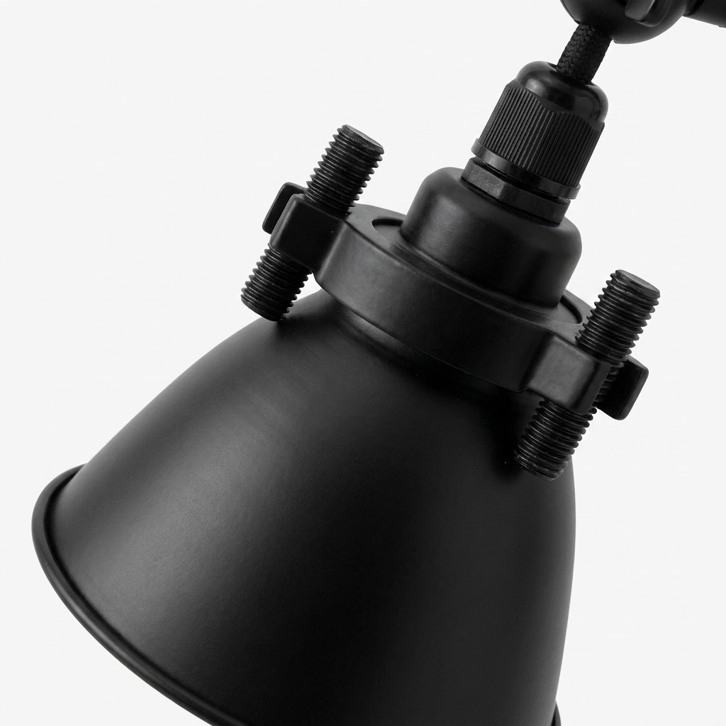 Close-up of the black lamp shade and adjustable hardware