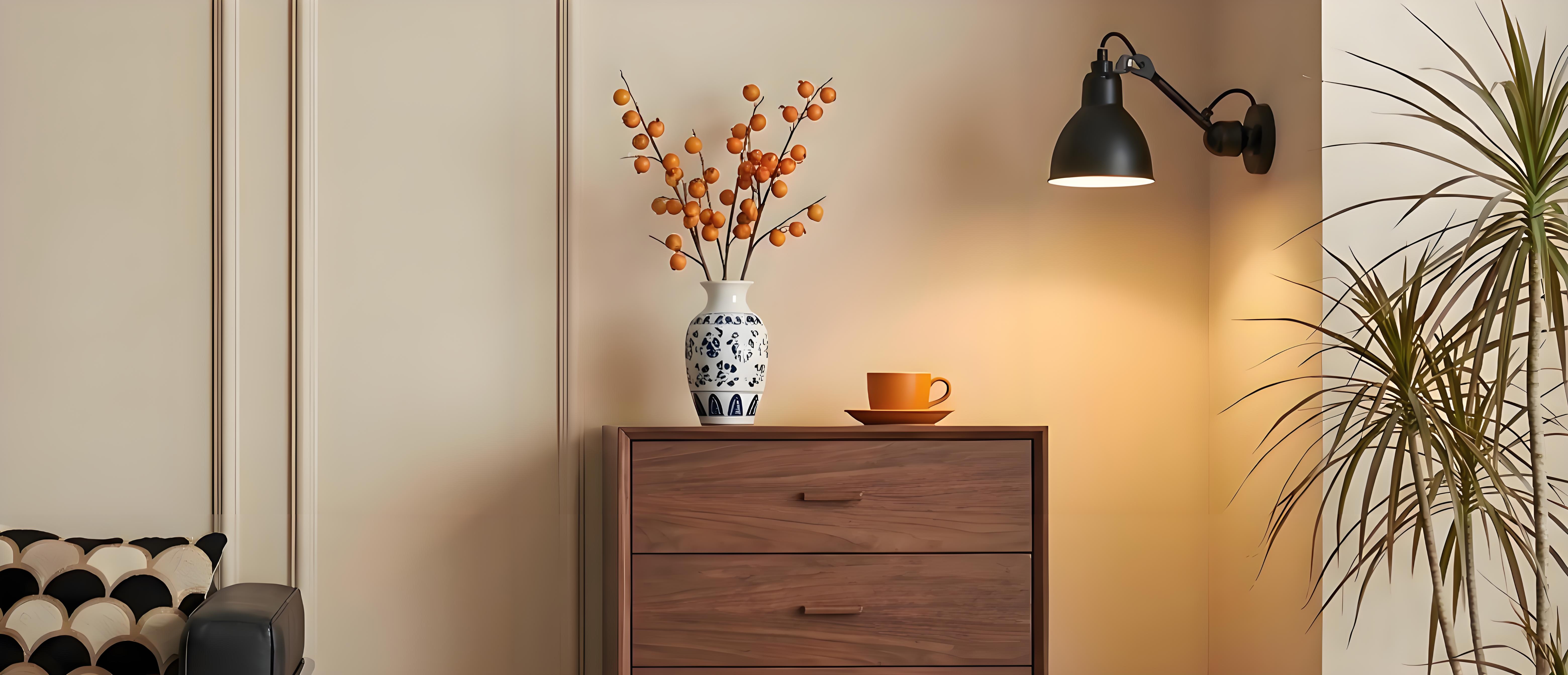 Black adjustable wall lamp over a home setting