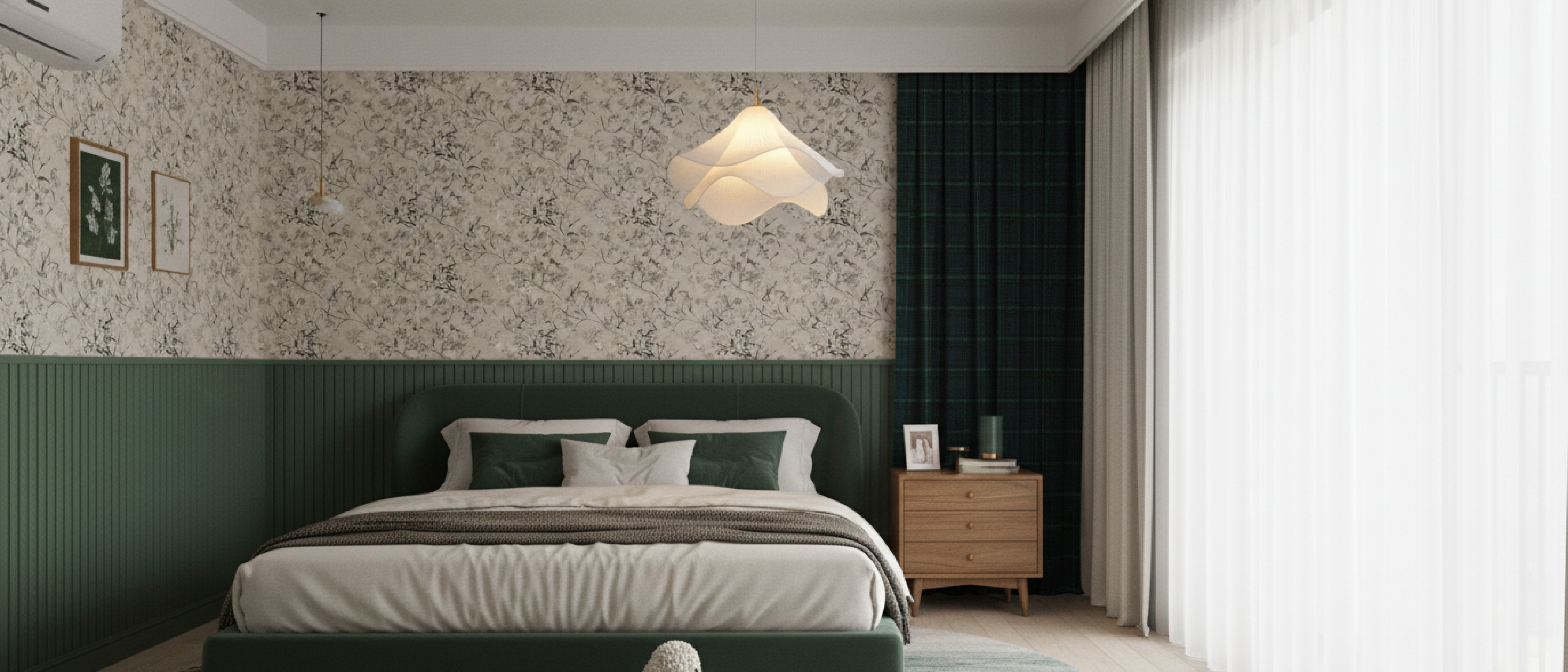 Ethereal Floral Pleated Fabric French Pendant Light in a bedroom setting