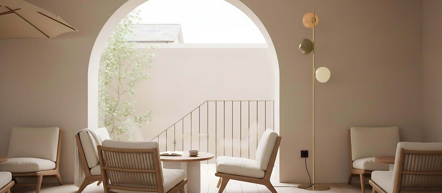 Opal glass floor lamp in a bright lounge setting