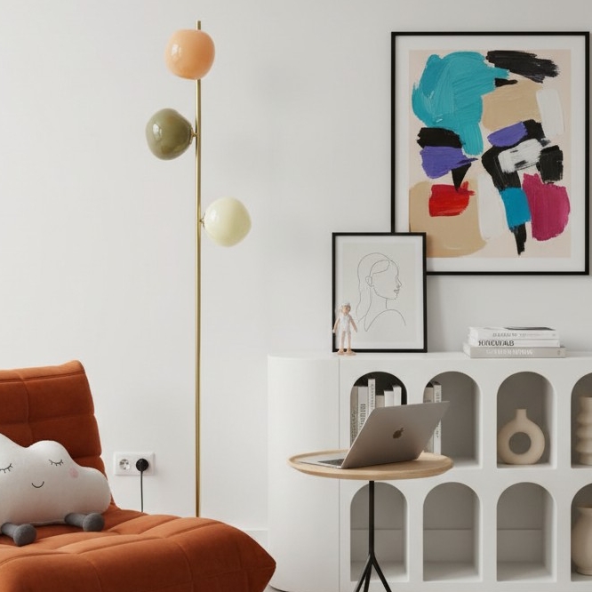Opal glass floor lamp beside a lounge chair