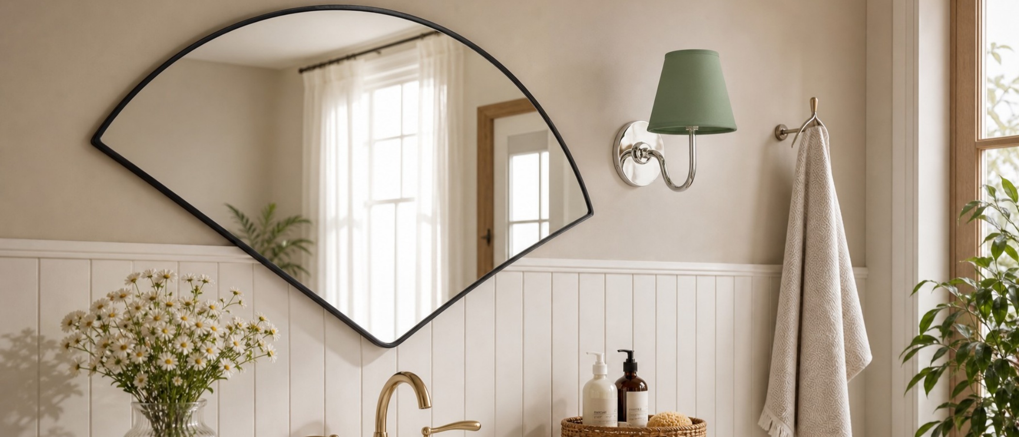 Luvora wall lamp styled beside a mirror and vanity