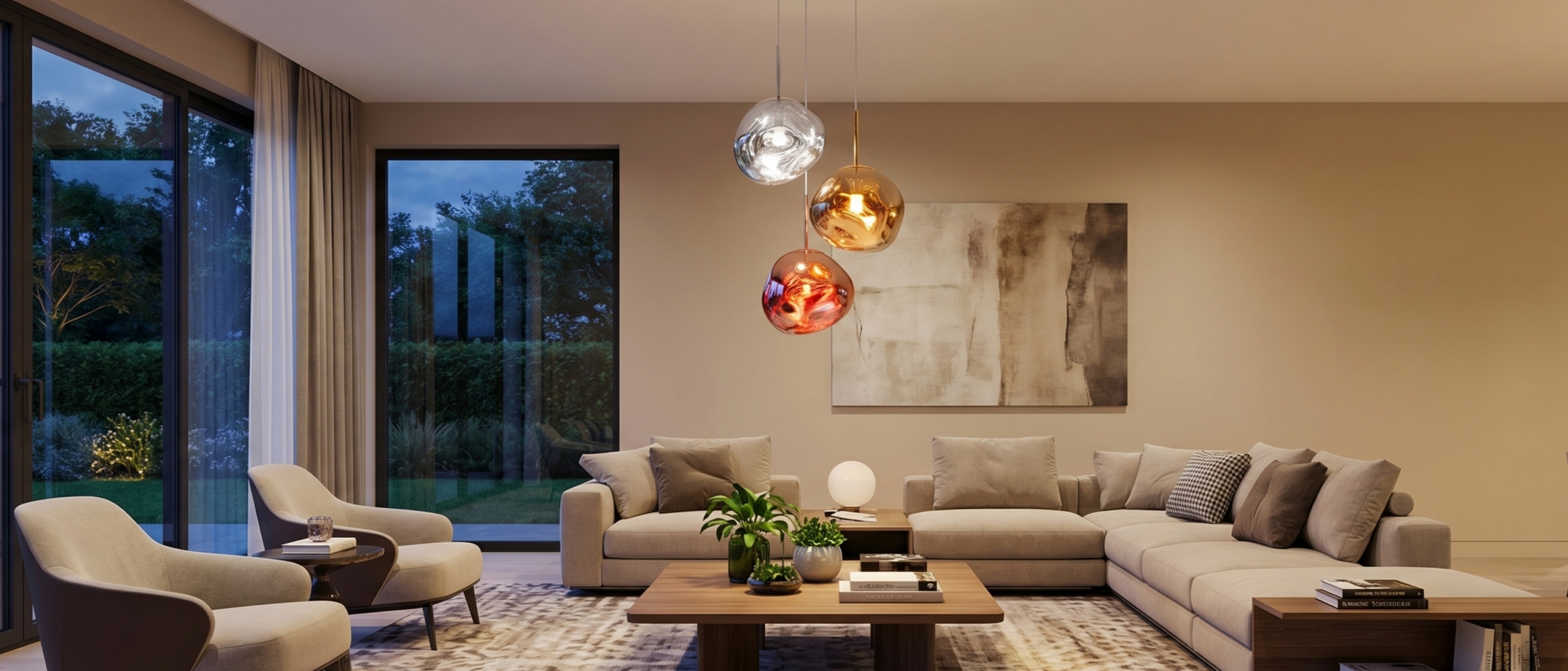 Mirror finish pendant lights glowing in an interior scene