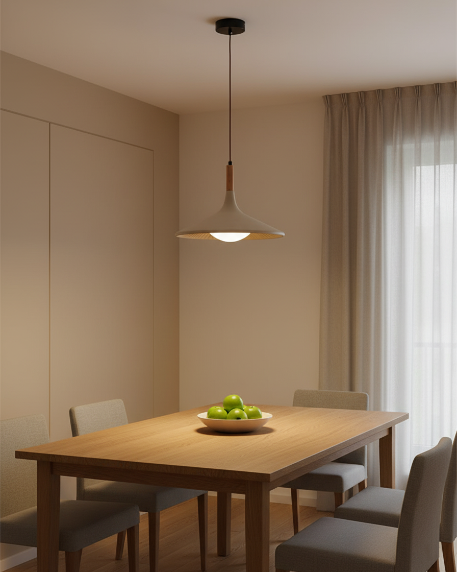 Vista aproximada da tonalidade cinza Cascade Breeze e detalhes em madeira.