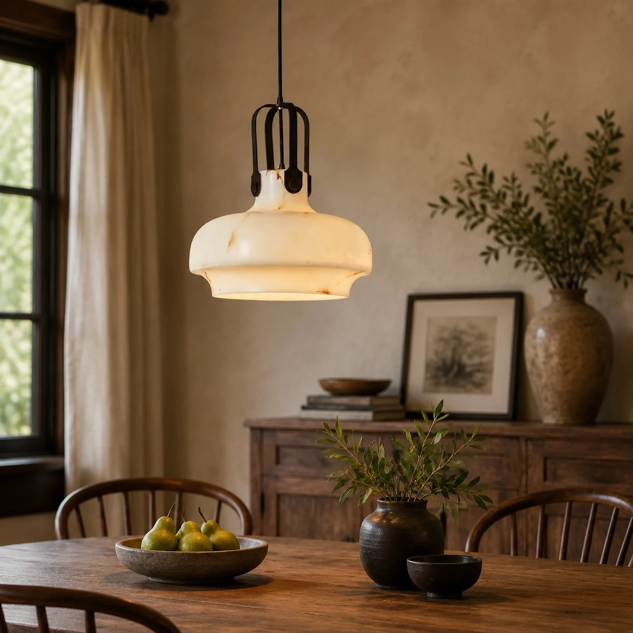Warm pendant lighting in a vintage dining room setting