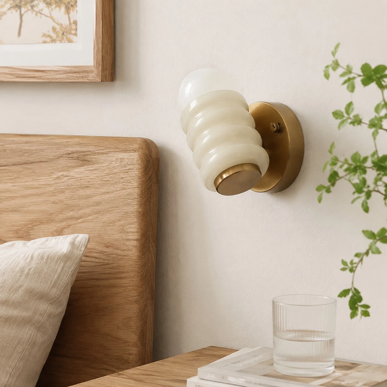 Cream wall sconce beside bed