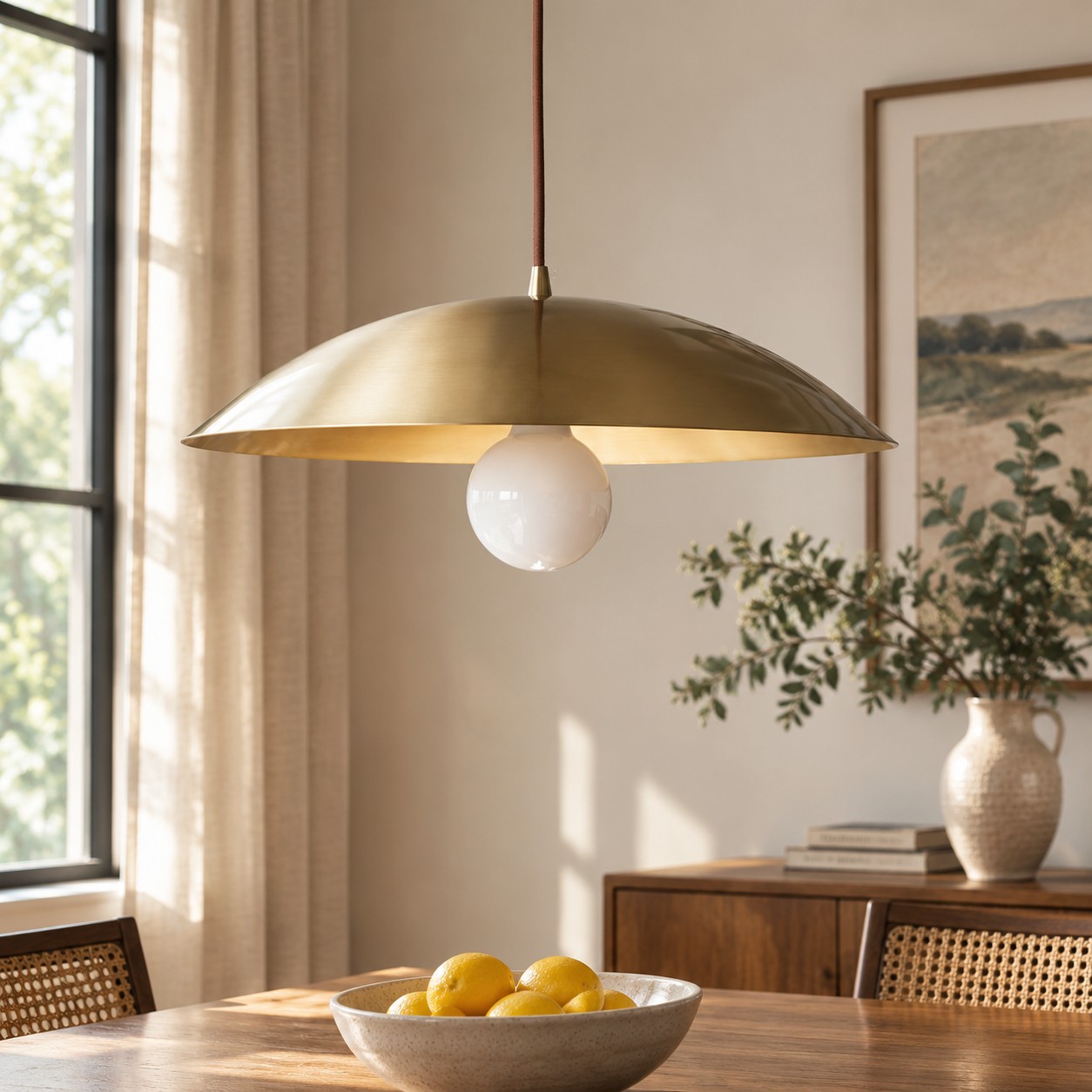 Brushed brass-finish dome pendant light above a dining table