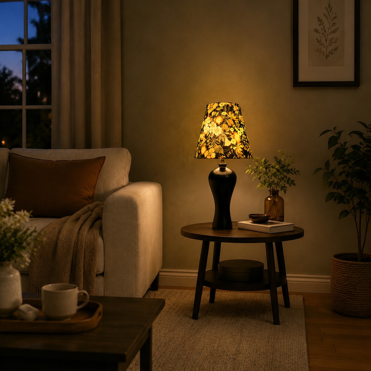 Black floral table lamp beside sofa