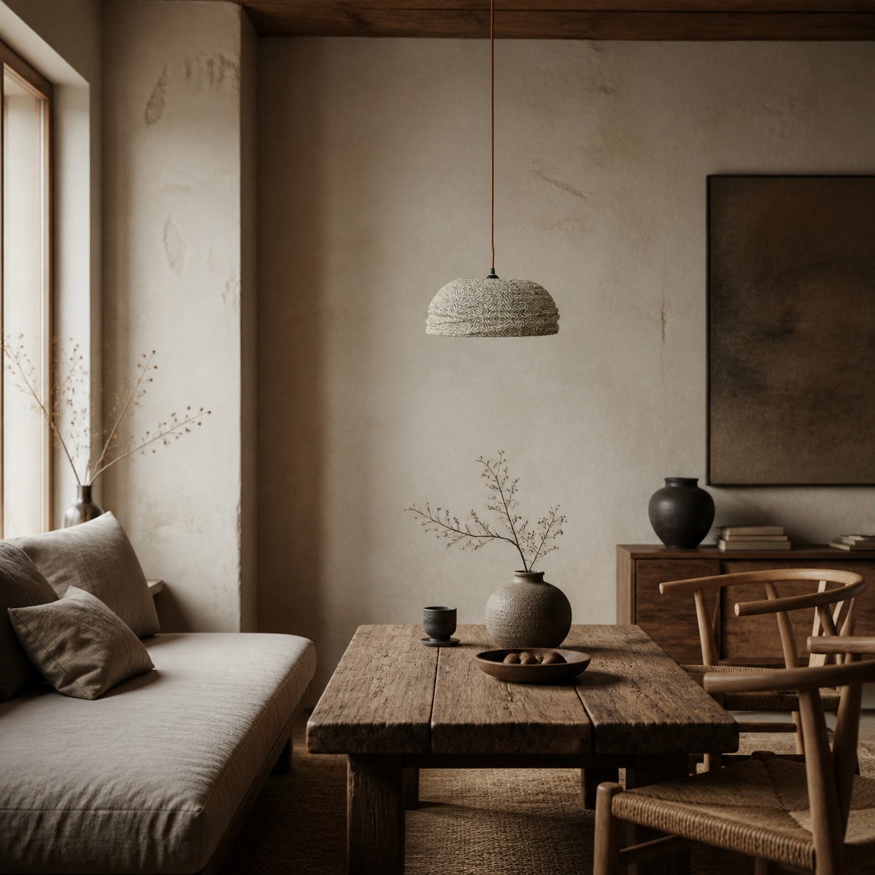 Green botanical pendant lamp in a neutral dining room