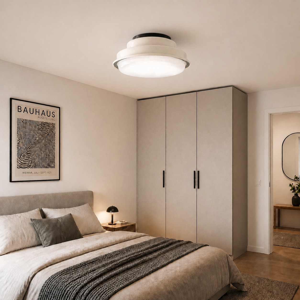Lámpara de techo empotrada de estilo Bauhaus mostrada en una sala de estar tranquila.