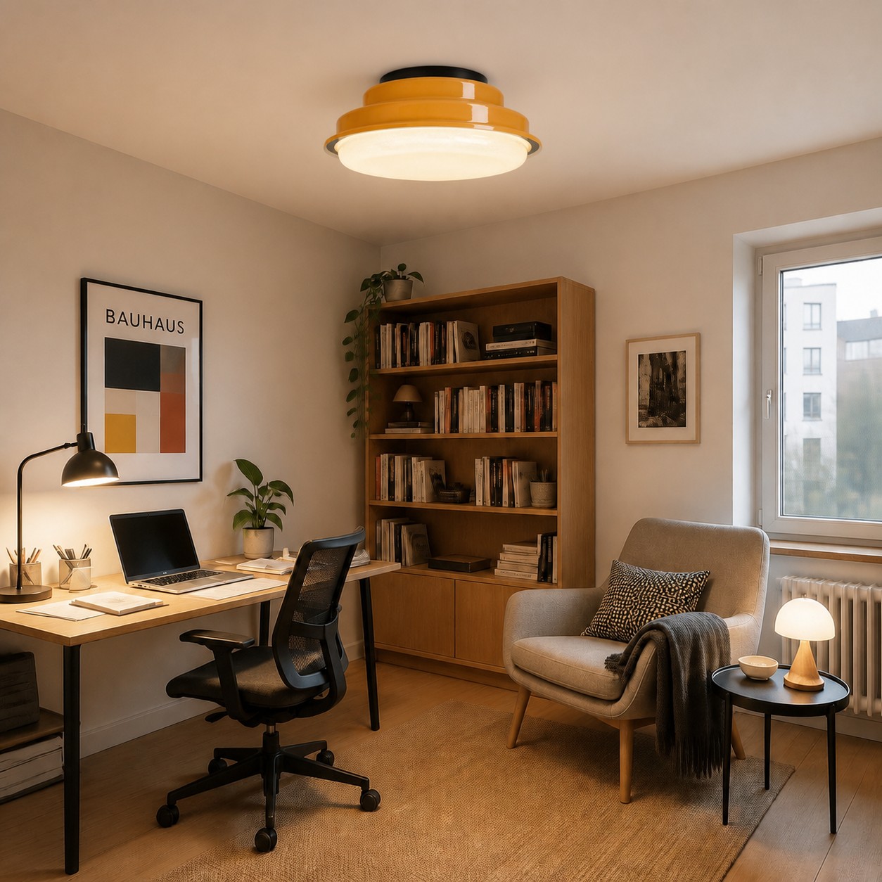 Lámpara de techo empotrada de estilo retro en una habitación moderna y cálida.