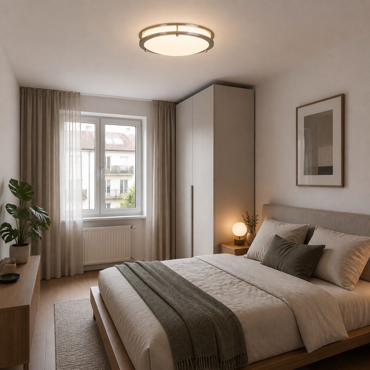 Plafonnier Bauhaus installé dans une chambre, la totalité du luminaire étant visible.