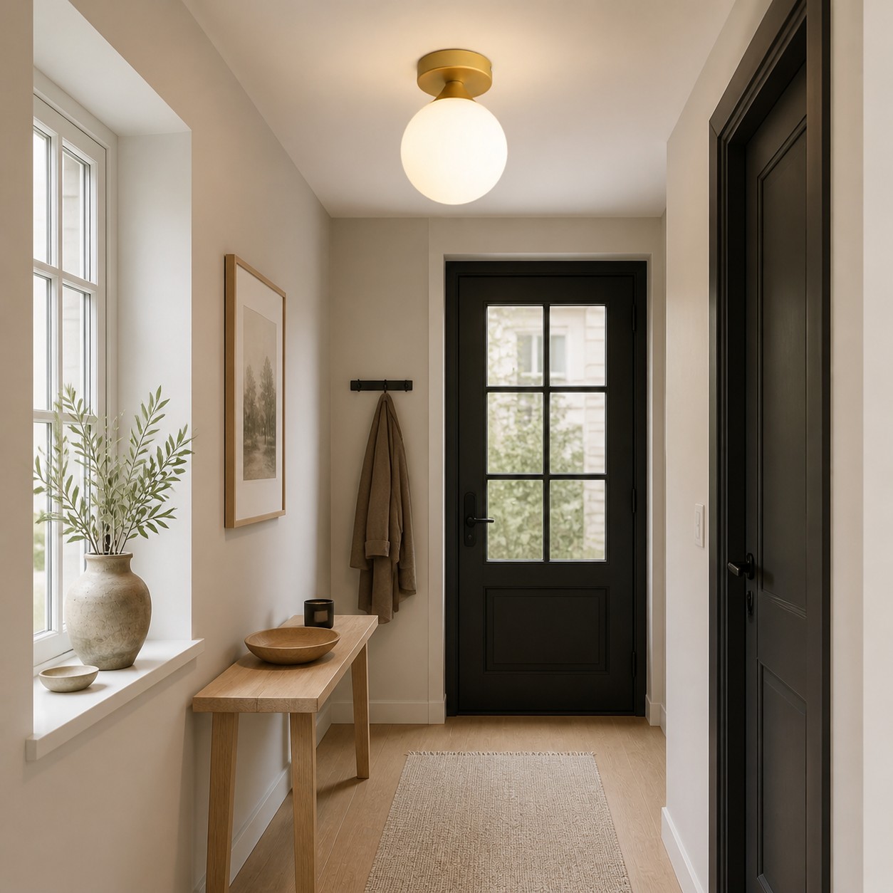 Vintage opal glass ceiling light installed in a warm hallway