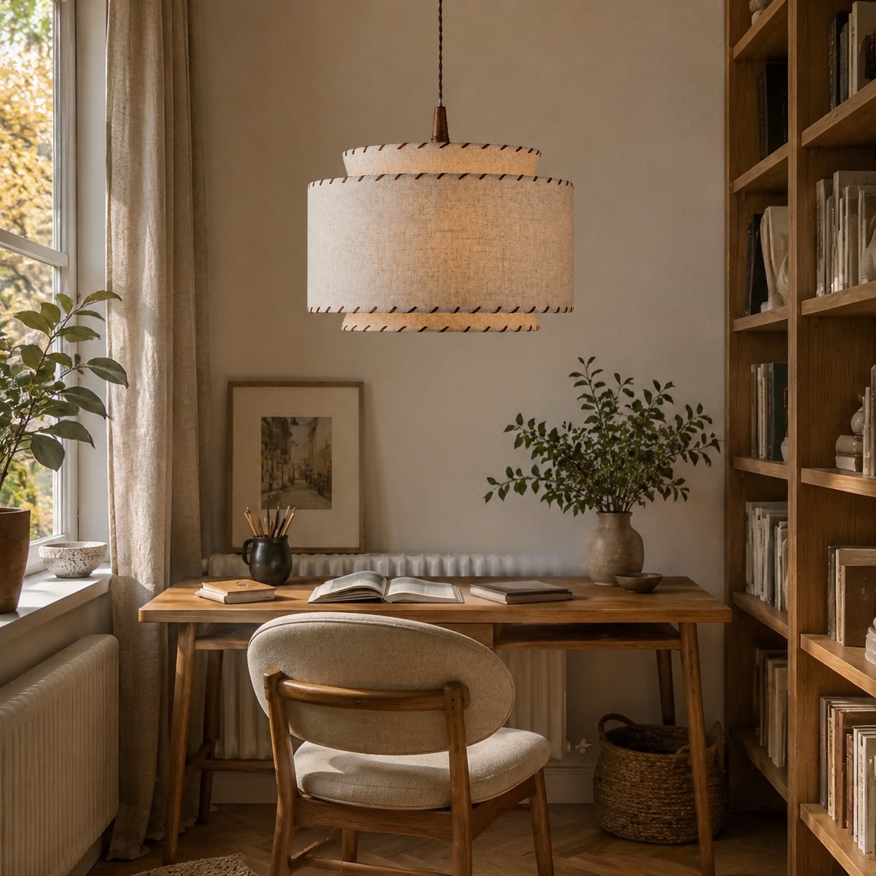 Leinenpendelleuchte im Arbeitszimmer oder in der Leseecke