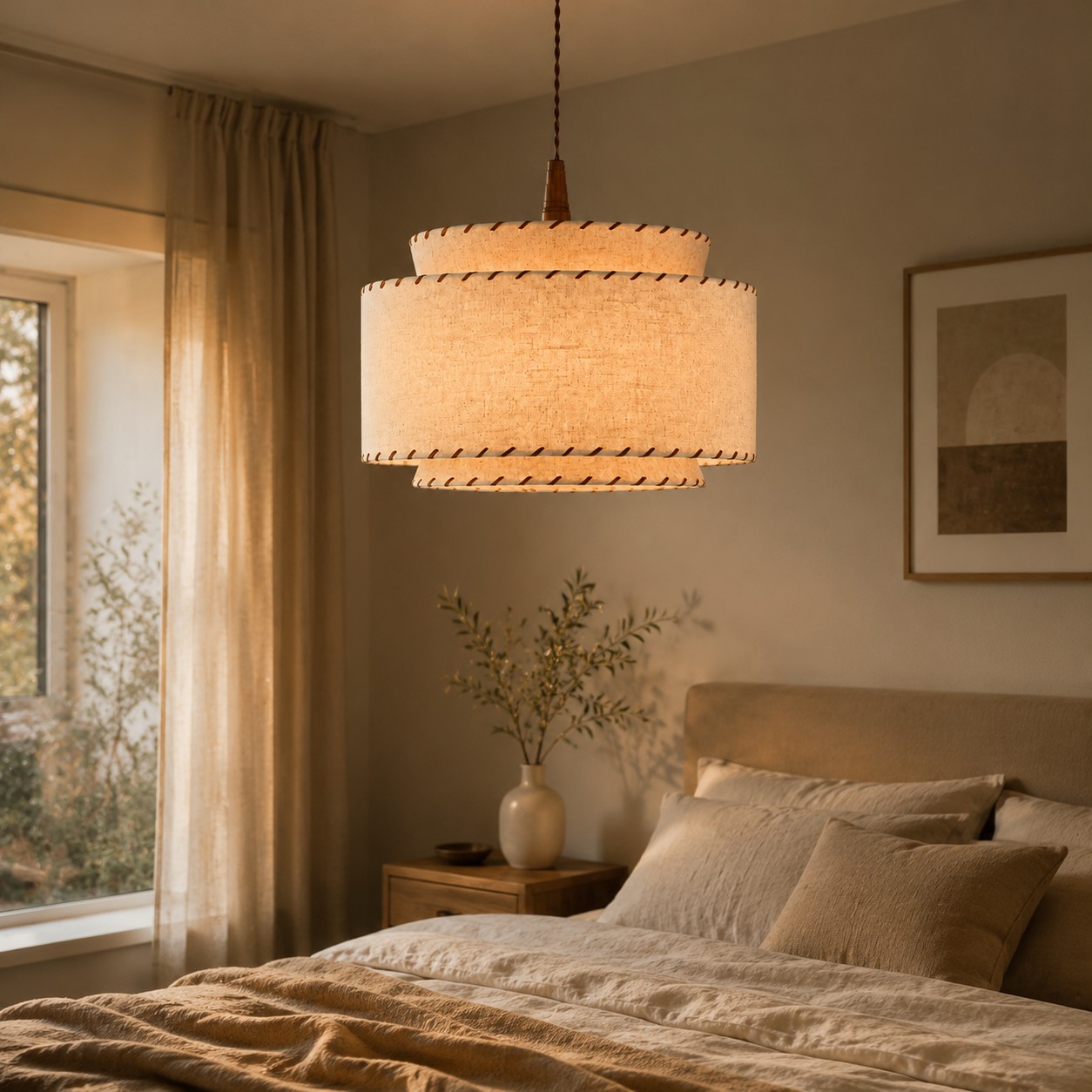 Leinenpendelleuchte in einem ruhigen Schlafzimmer