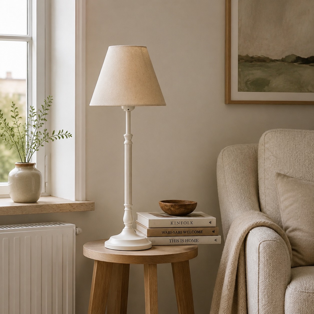 Country table lamp beside a sofa and window