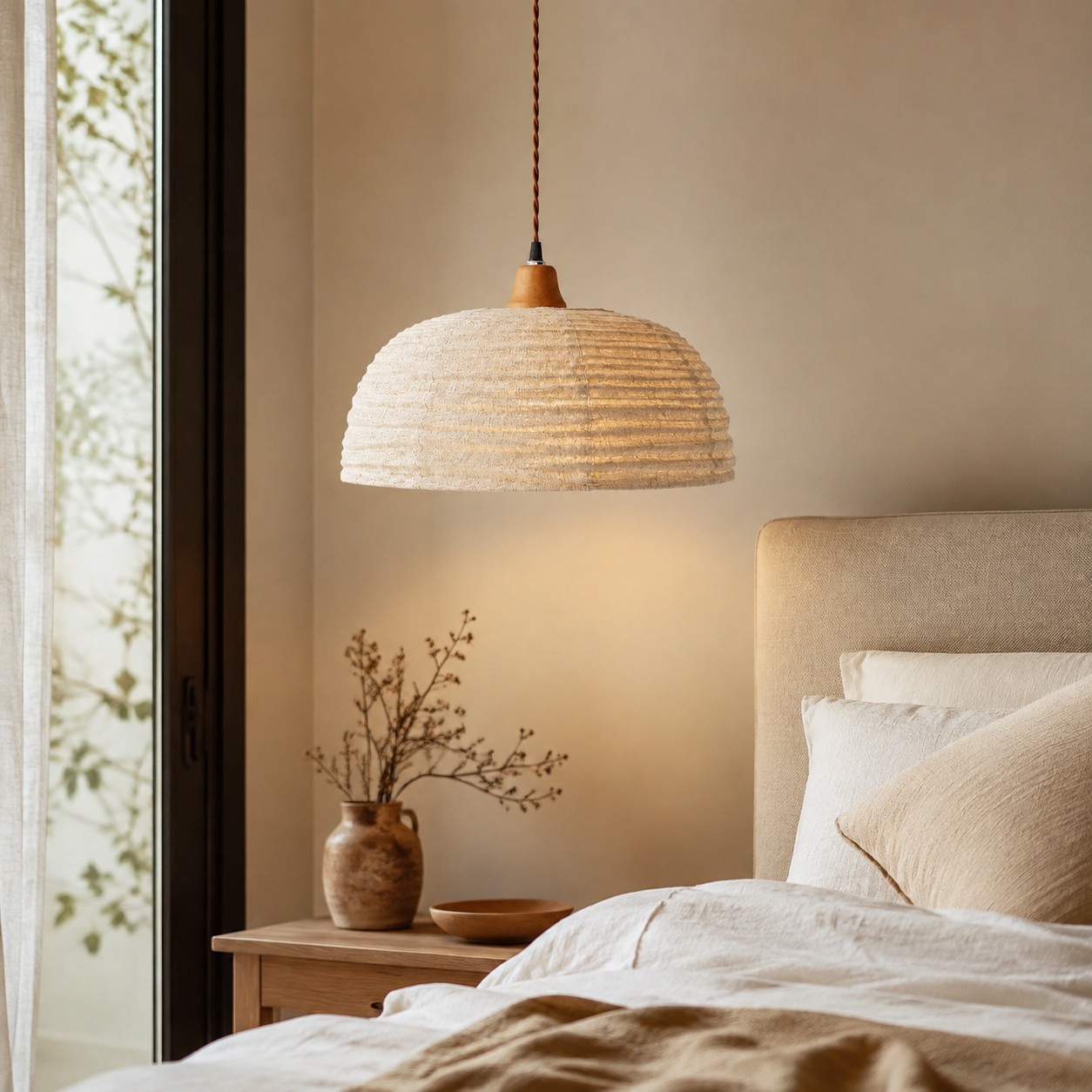 Apricot hemp fabric dome pendant light above a warm dining table
