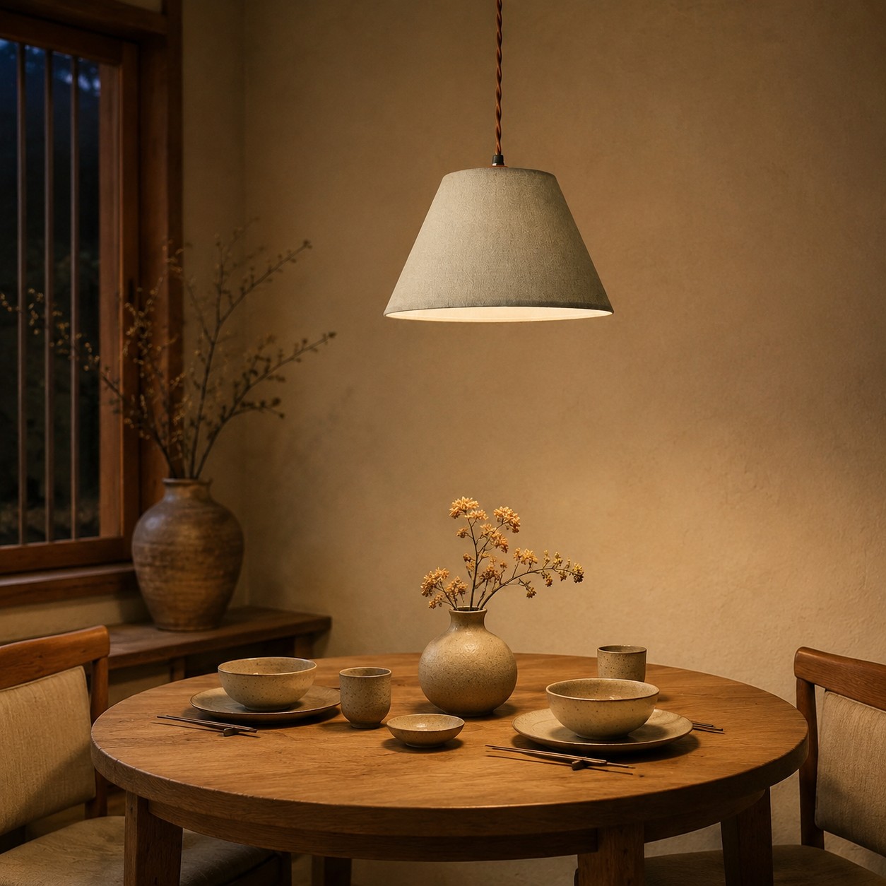 Lámpara colgante de tela vintage sobre una mesa de comedor