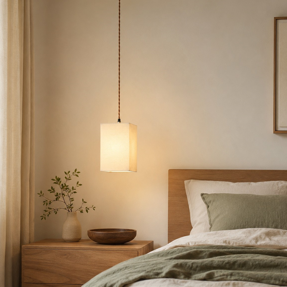 Luminária pendente quadrada de tecido em um quarto.