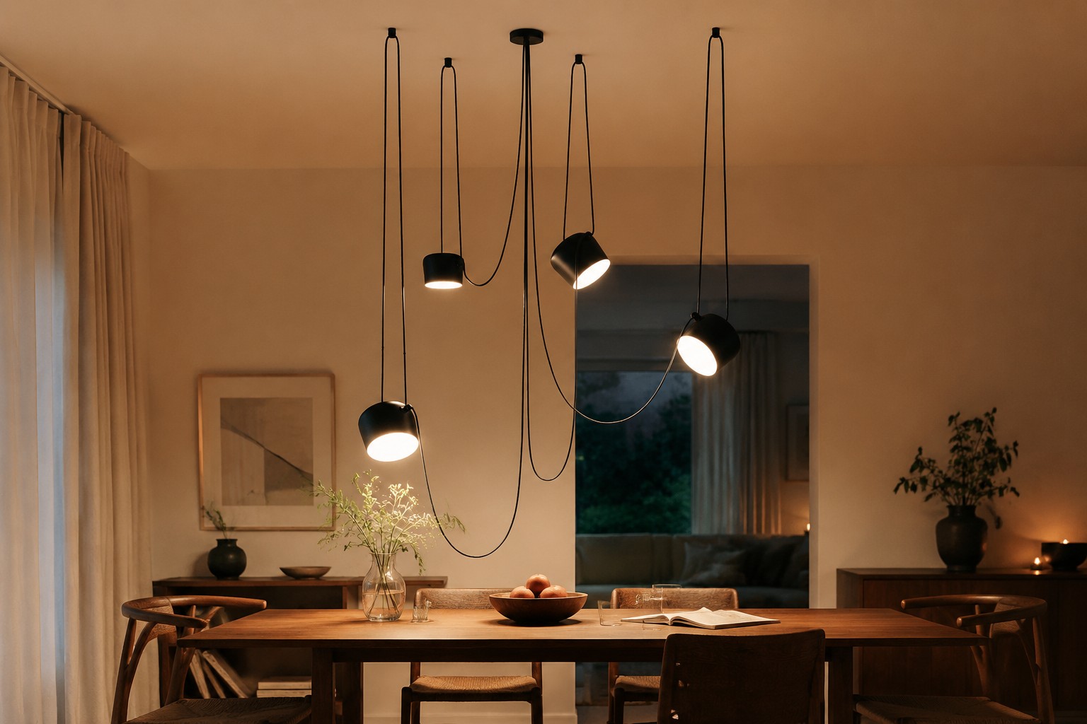 Lámpara colgante regulable de múltiples luces en un comedor cálido.