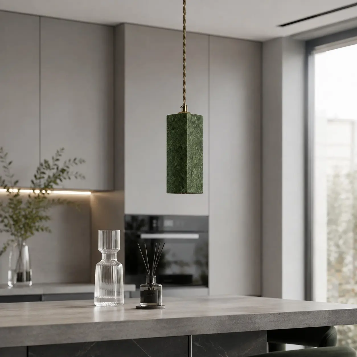 Green jade pendant light in a modern kitchen