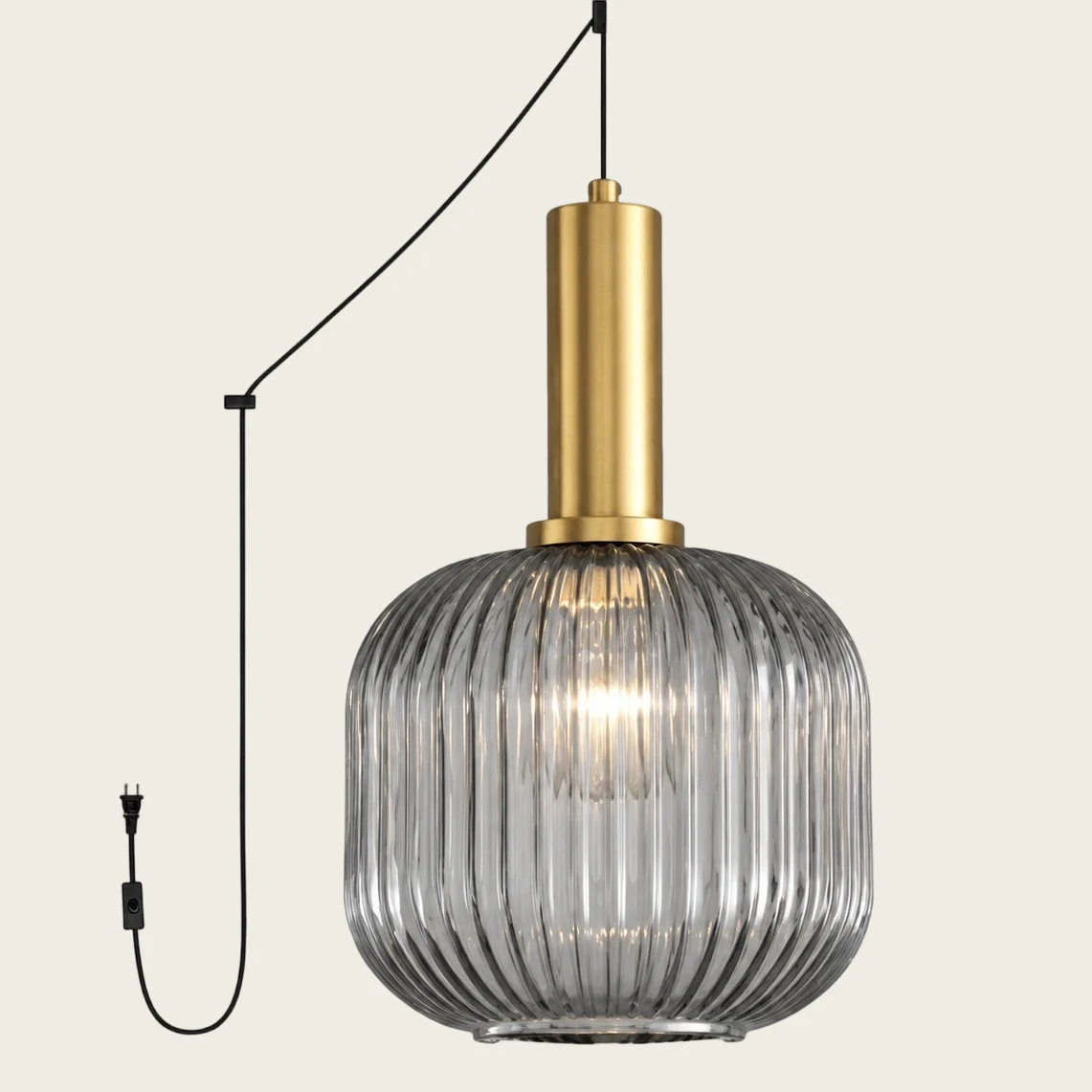Smoky Grey Model B Large ribbed glass plug-in pendant light