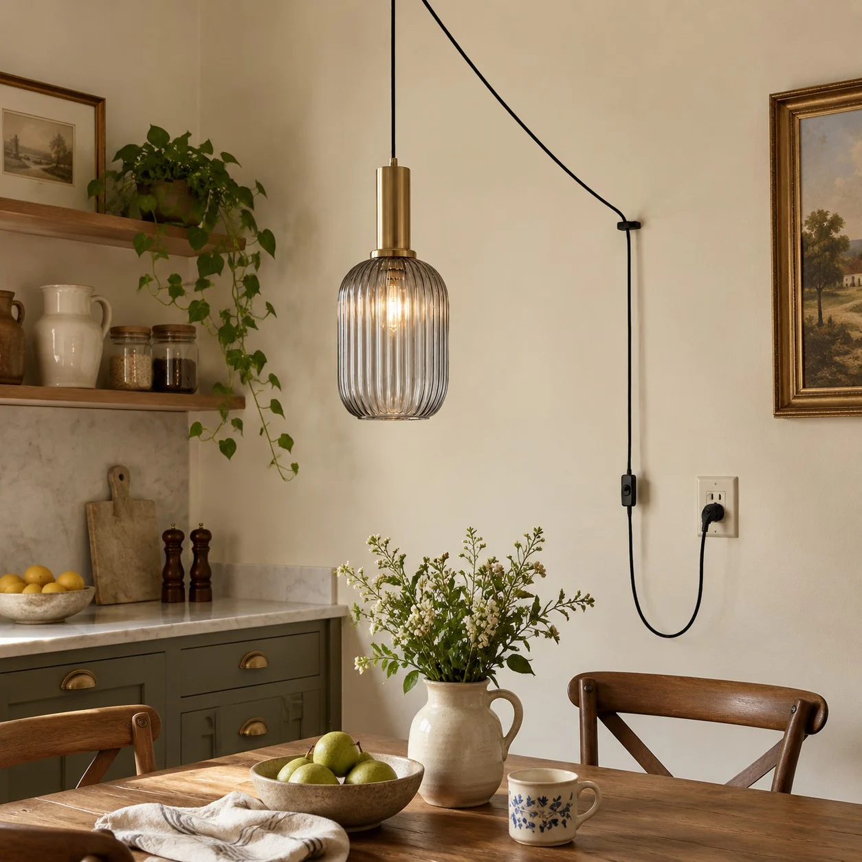 Retro ribbed glass plug-in pendant light in a home interior