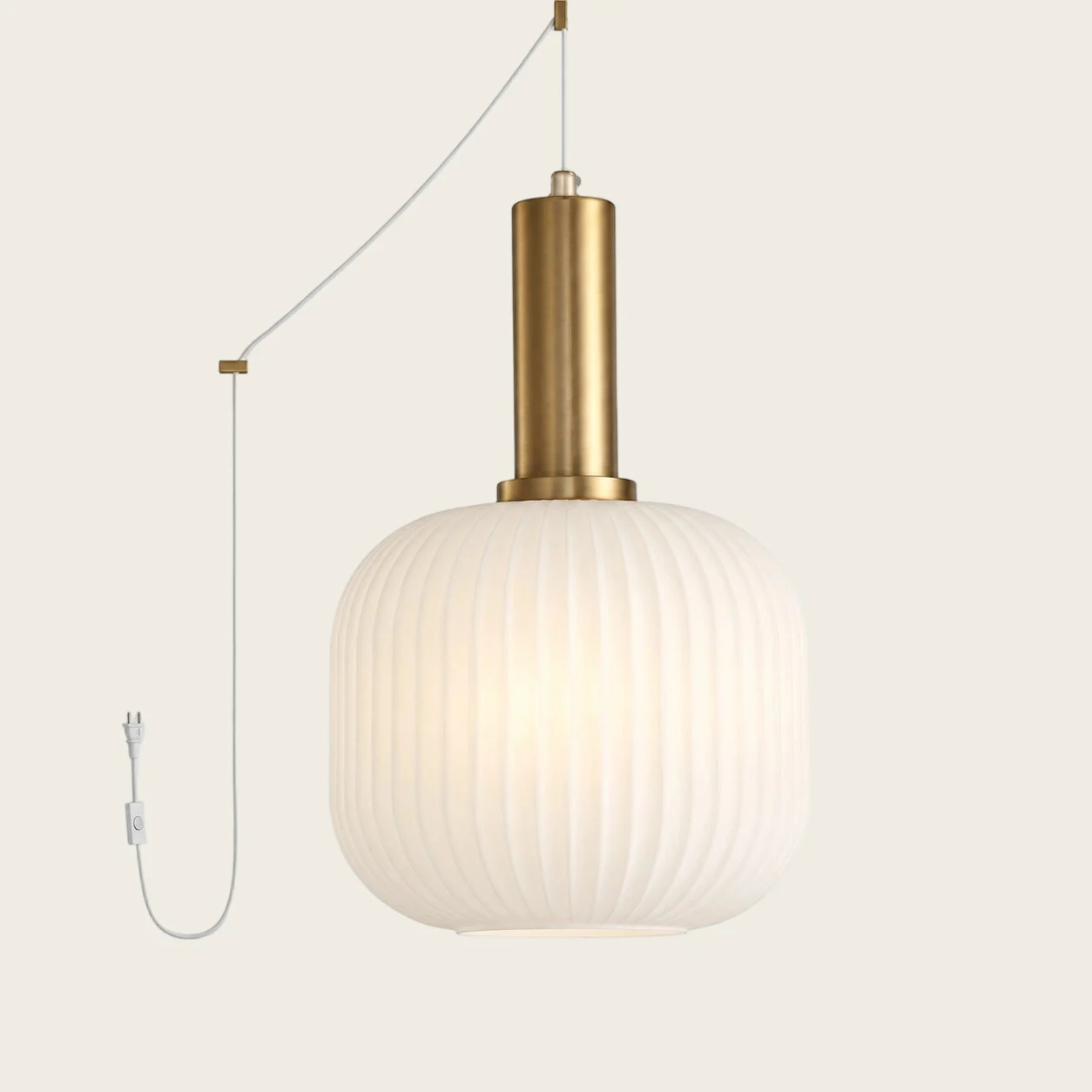 White Model B Small ribbed glass plug-in pendant light