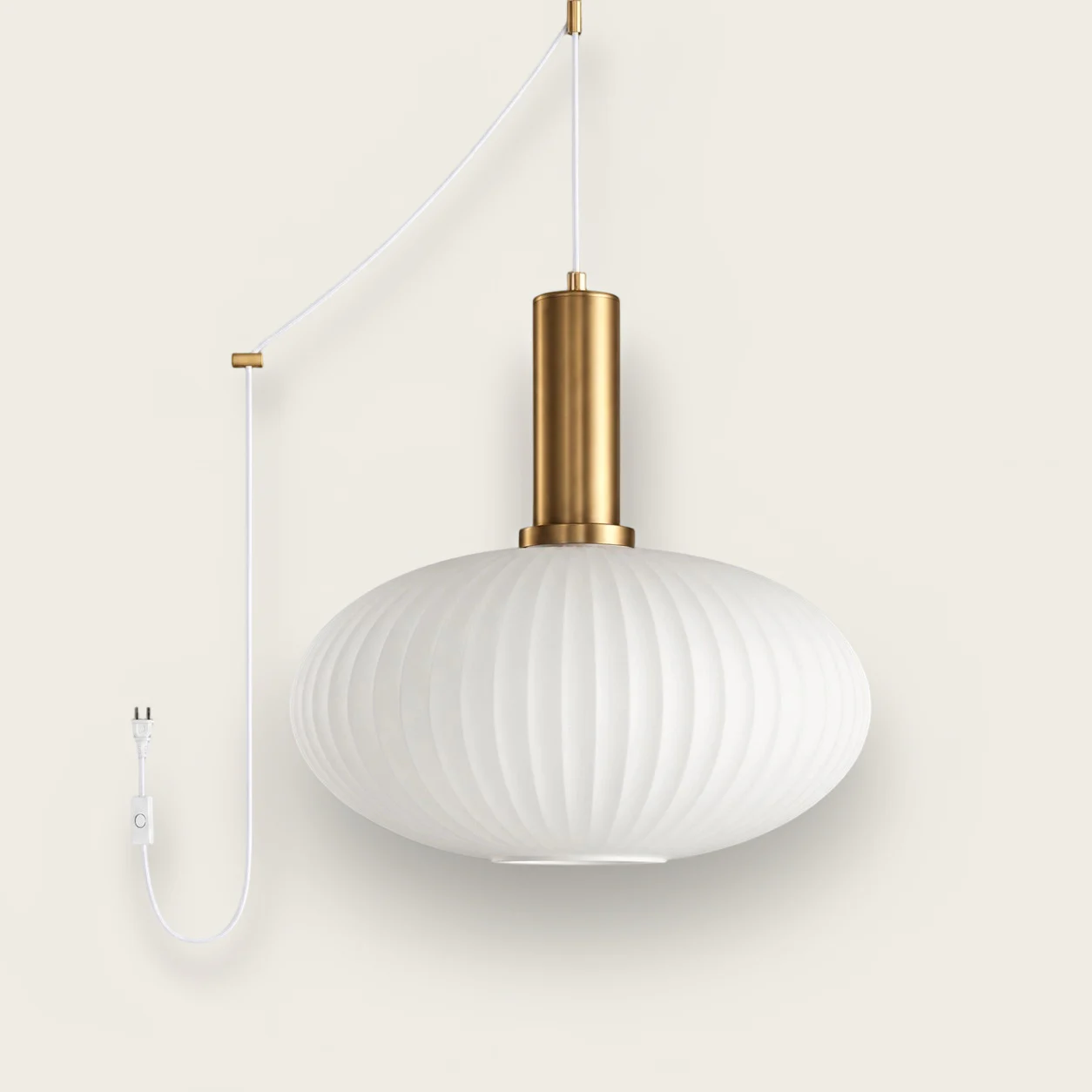 White Model C ribbed glass plug-in pendant light