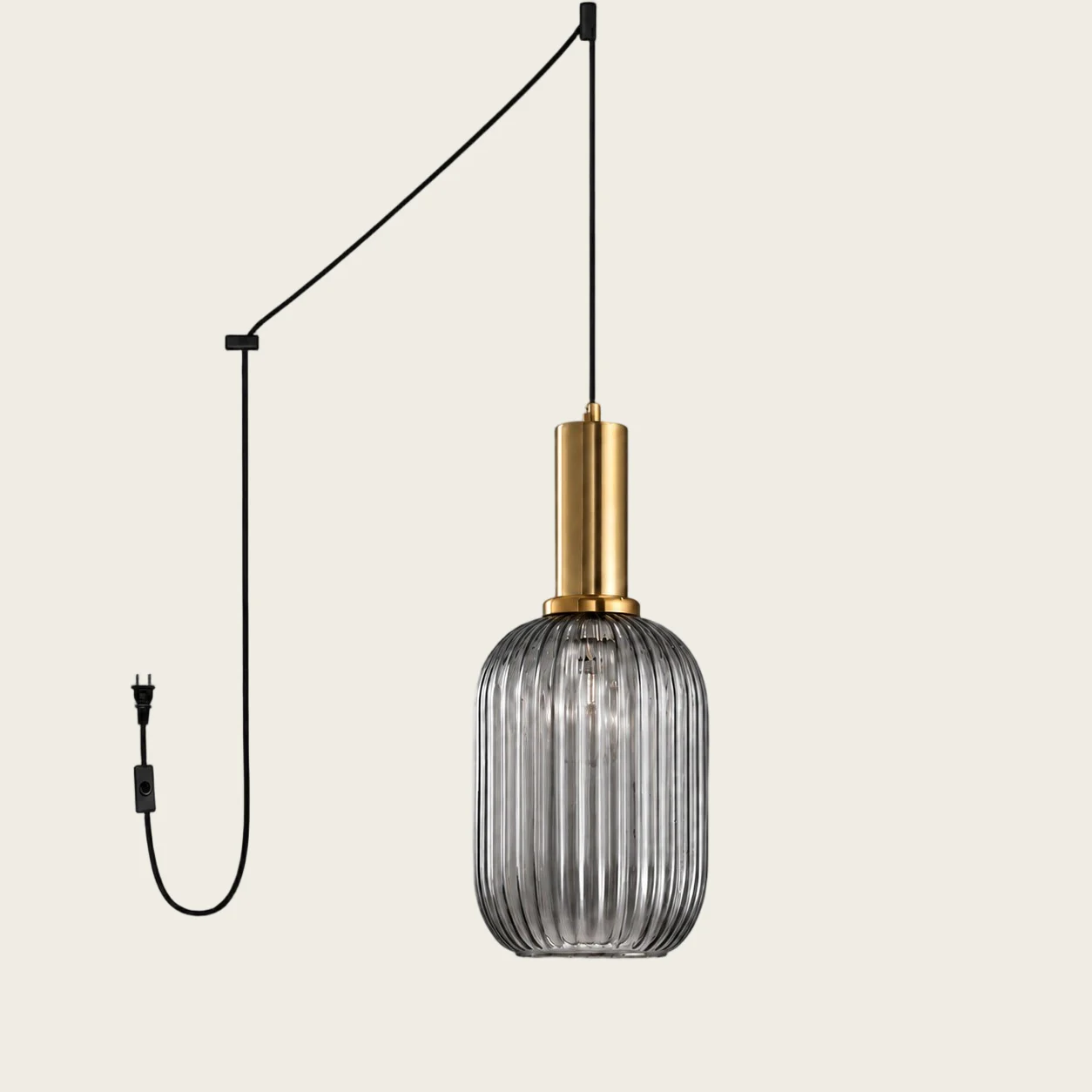 Smoky Grey Model A Small ribbed glass plug-in pendant light
