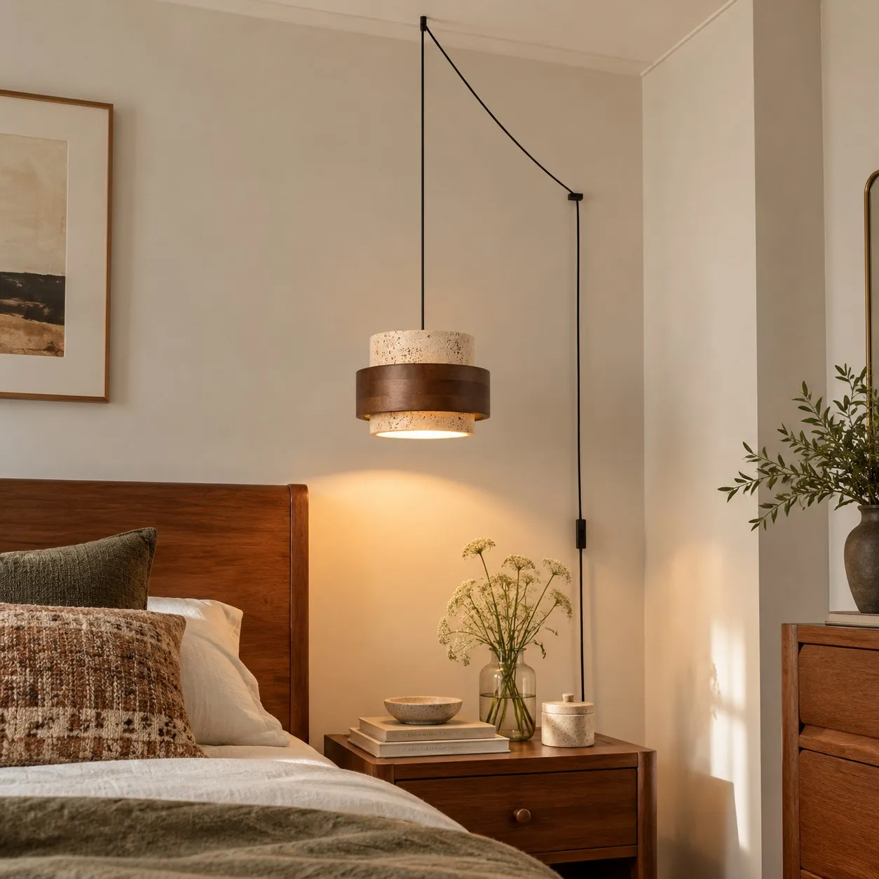 Luminária pendente de travertino amarelo com tomada ao lado da cama.