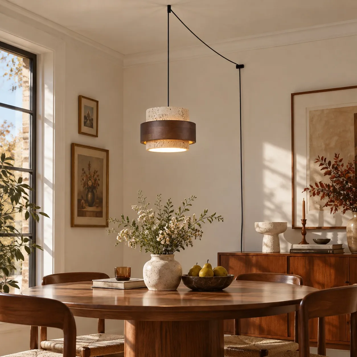 Luminária pendente de travertino amarelo com plugue sobre uma mesa de jantar.