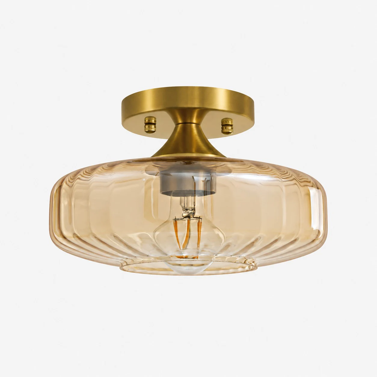 Amber small ribbed glass semi-flush ceiling light with brushed brass canopy