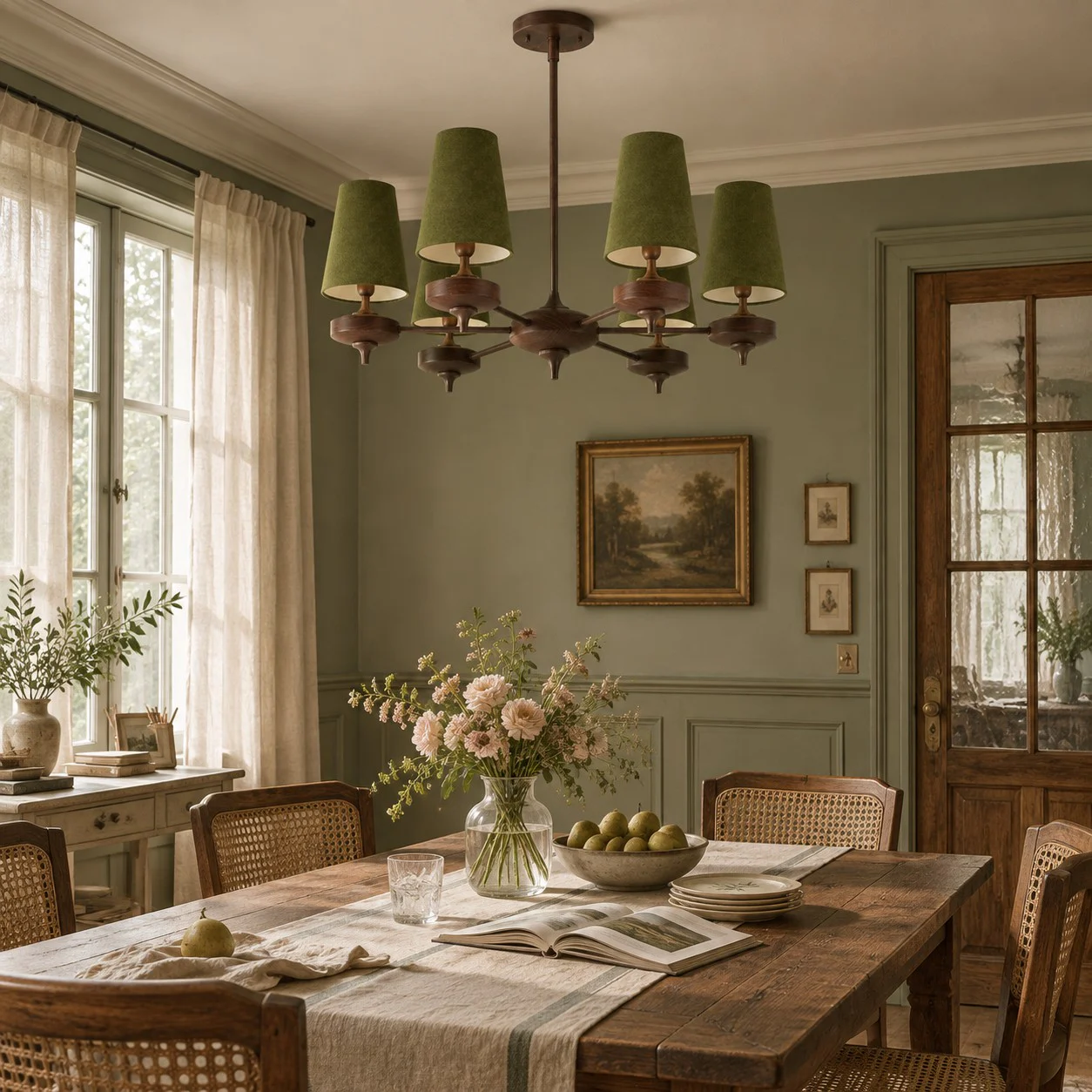 6-light Hour Rho chandelier in green velvet styled in a warm interior